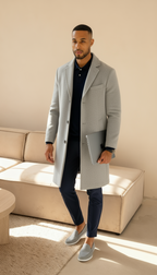 Herren maßgeschneiderter Woll-gefühlt Mantel – Einreihiger mittellanger Mantel mit Kerbkragen