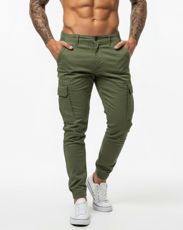 Cargo broek voor heren - taille met koord en elastische manchetten - Tapered Fit utility broek met meerdere zakken
