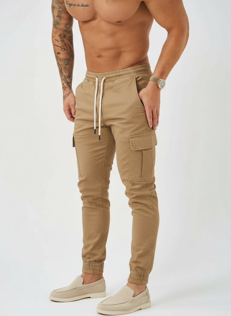 Cargo broek voor heren - taille met koord en elastische manchetten - Tapered Fit utility broek met meerdere zakken