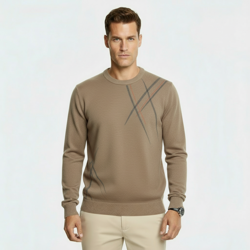 Heren Slim Fit Wolmix Trui - Abstract Patroon Gebreide Pullover met Geribbelde Randen