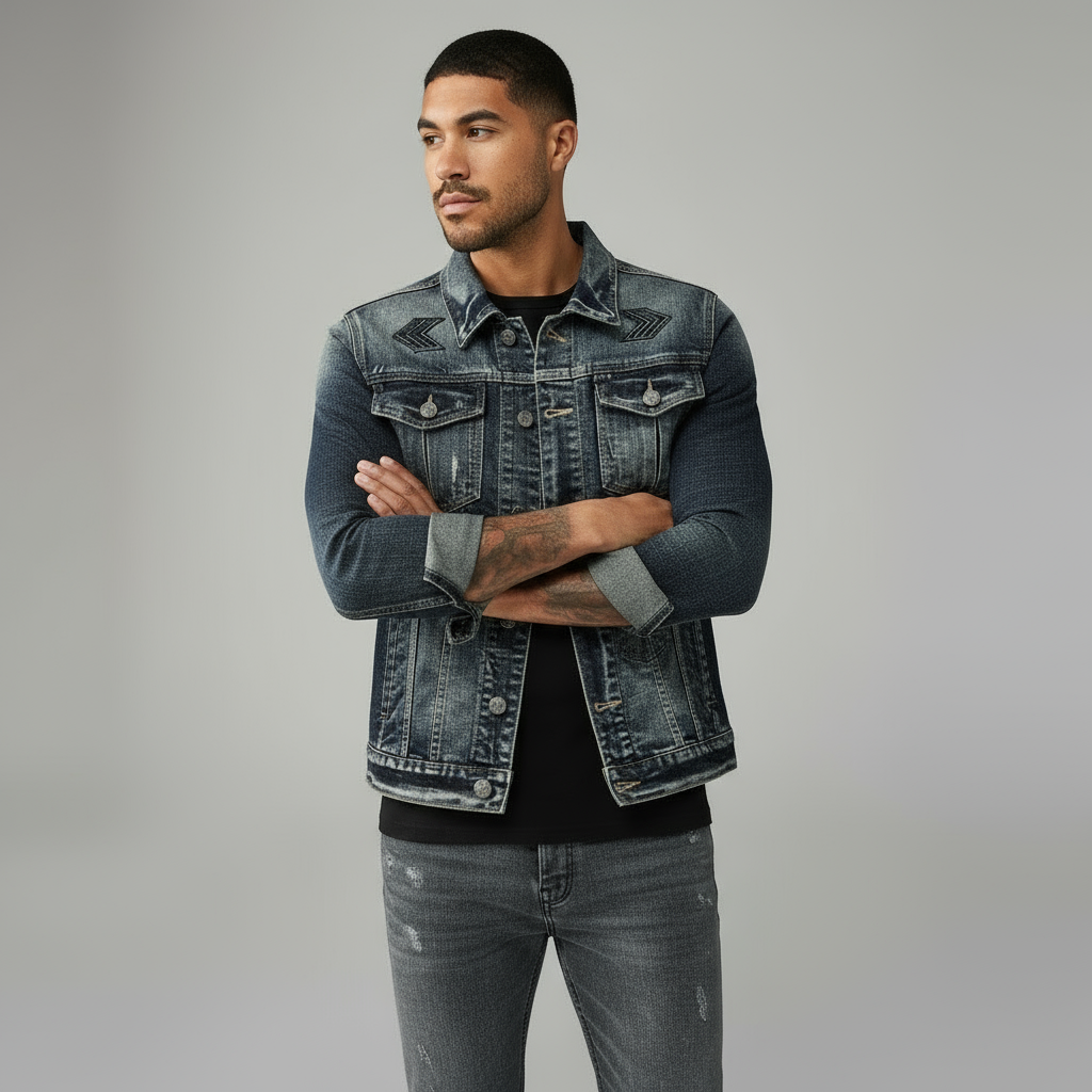 Men’s Grey Trucker Jacket - Classic Button-Front Denim Style with Chest Pockets