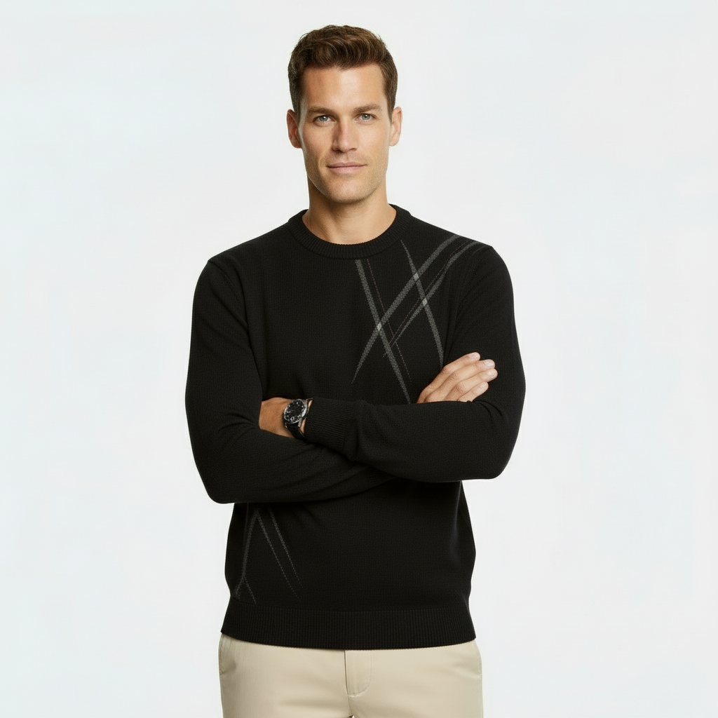 Heren Slim Fit Wolmix Trui - Abstract Patroon Gebreide Pullover met Geribbelde Randen