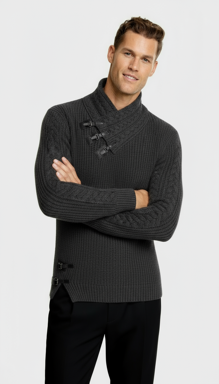 Men’s Funnel Collar Jumper with Toggle Details – Textured Knit Sweater for Smart-Casual Style