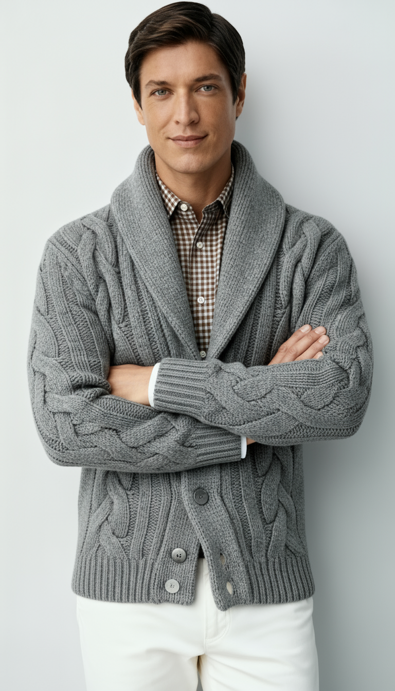 Men’s Wool Blend Cable Knit Cardigan – Shawl Collar Button-Up Sweater