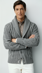 Men’s Wool Blend Cable Knit Cardigan – Shawl Collar Button-Up Sweater