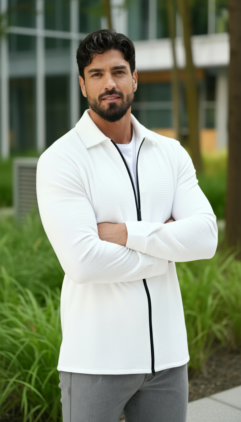 Camicia da uomo a maniche lunghe in tessuto strutturato – Camicia casual con cerniera frontale e vestibilità regolare