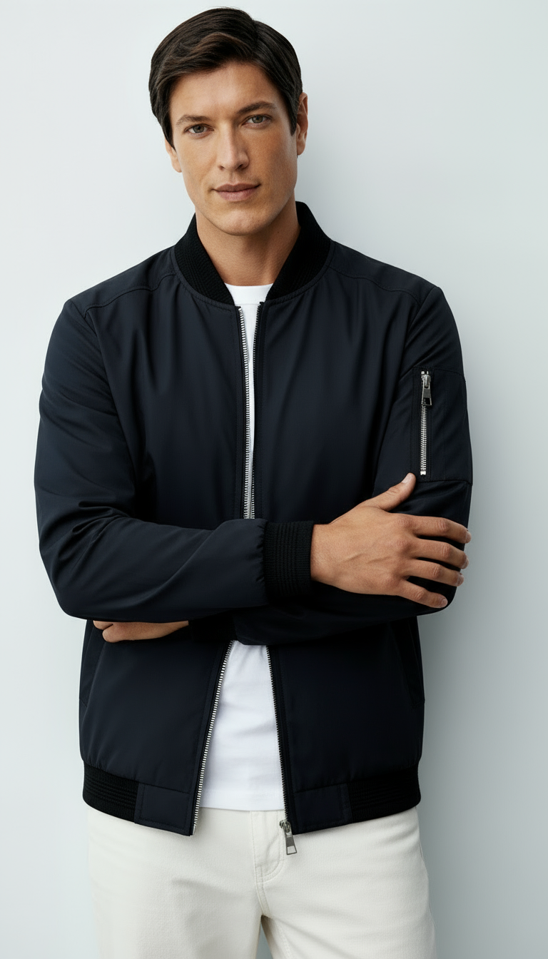 Heren Bomberjack met volledige ritssluiting, geribbelde afwerking en mouwzakken