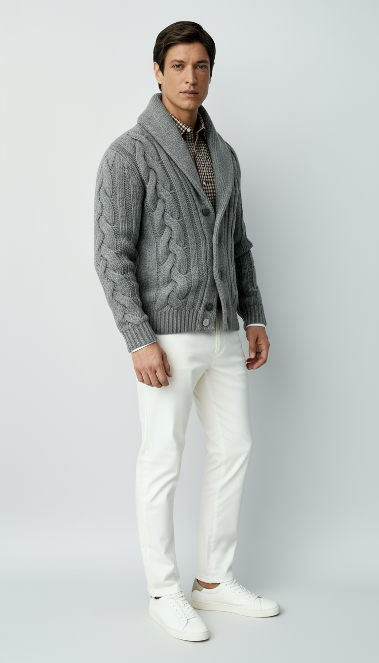 Men’s Wool Blend Cable Knit Cardigan – Shawl Collar Button-Up Sweater