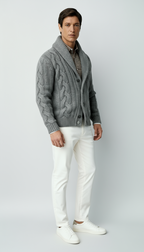 Men’s Wool Blend Cable Knit Cardigan – Shawl Collar Button-Up Sweater