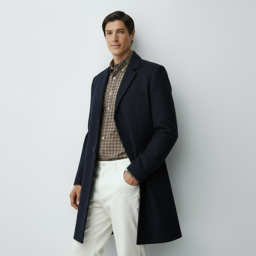 Men’s Classic Coat with Notch Lapel & Single-Breasted Front – Elegant Mid-Length Overcoat