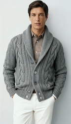 Men’s Wool Blend Cable Knit Cardigan – Shawl Collar Button-Up Sweater