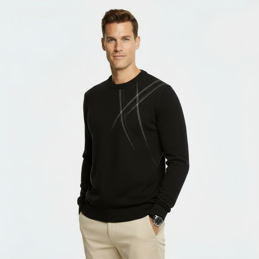 Heren Slim Fit Wolmix Trui - Abstract Patroon Gebreide Pullover met Geribbelde Randen