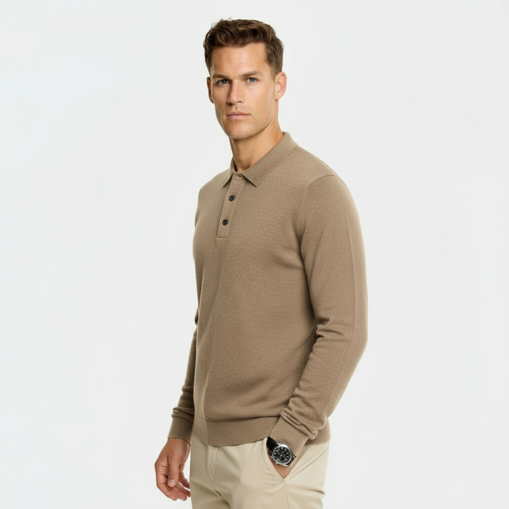 Heren wollen mix polokraag trui – regular fit gebreide pullover met geribbelde randen en drieknopenbies