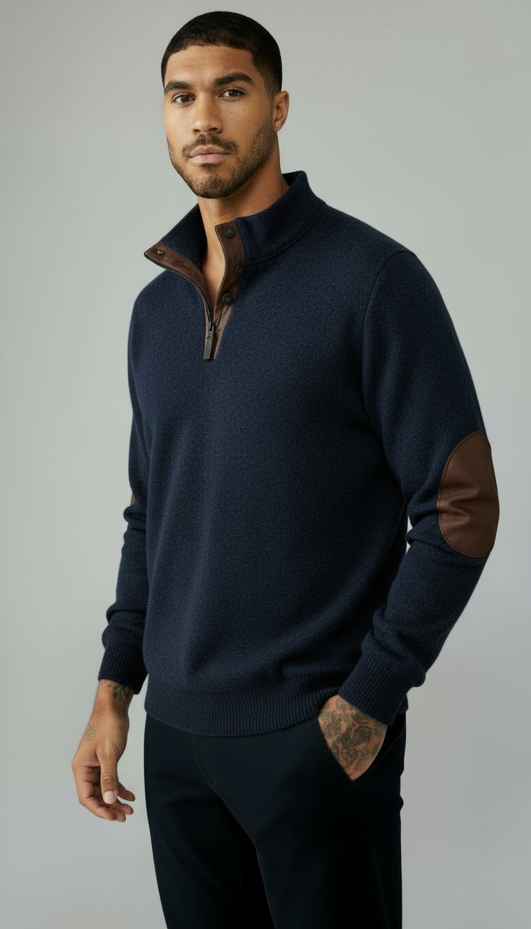Trui met knoopsluiting voor heren - Trui met staande kraag en elleboogstukken